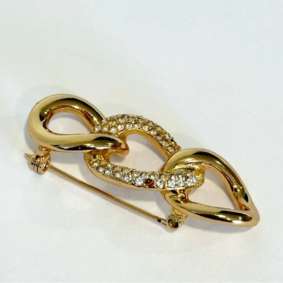 Vintage Christian Dior Triple Loop Rings Gold tone Brooch Rhinestone Pave - Picture 5 of 9
